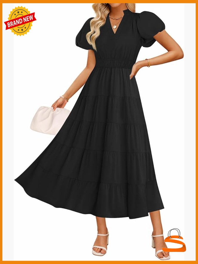 Puff Sleeve V Neck Ruffle Tiered Flowy Boho Maxi Dress Lined Summer